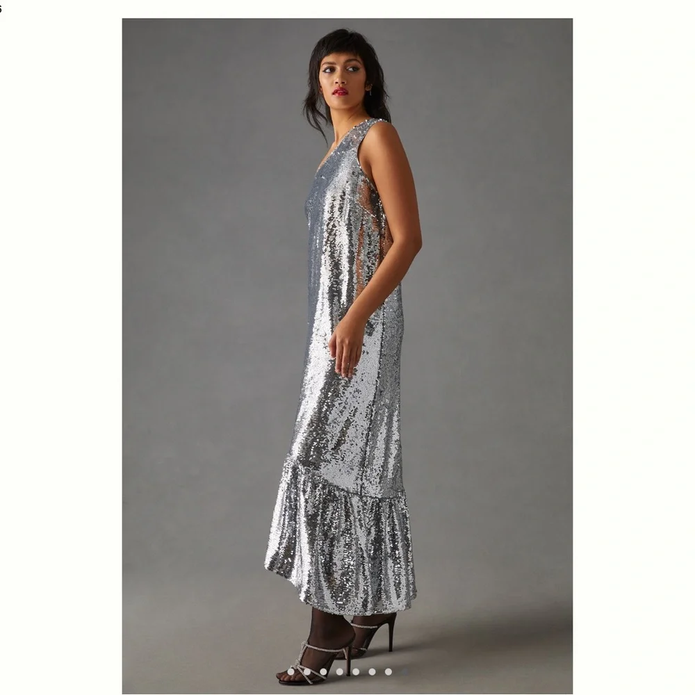 New Maeve One Shoulder Silver Sequin Dress - Picture 5 of 8